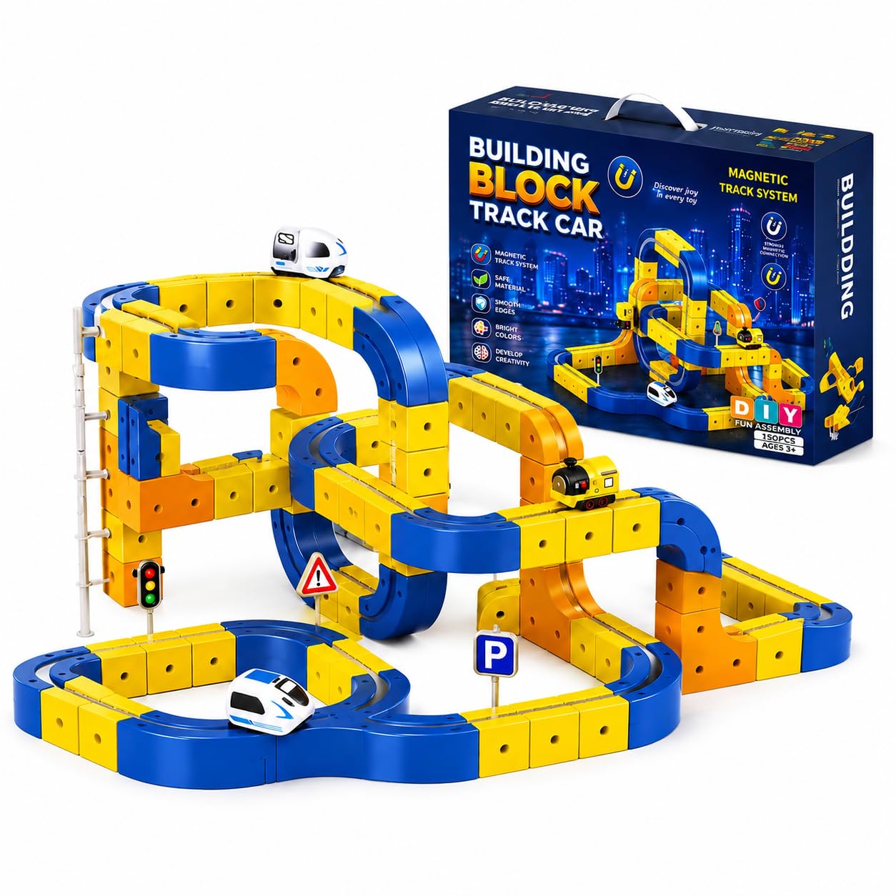 Magnetic Building Block 150pcs Track Car Set for Kids | DIY Construction Race Toy with Blocks & Electric Cars STEM Learning Educational toys for Kids