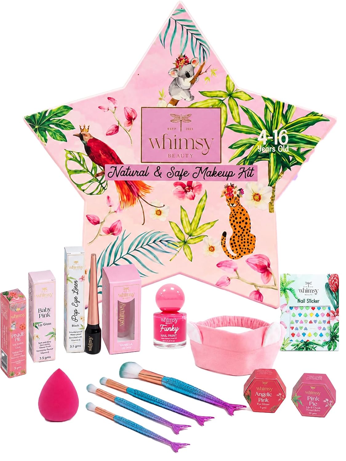 Whimsy Beauty Organic & Safe Blossom Makeup Kit| Safe, Non-Toxic Beauty Set for Girls & Teens |Eye Glitter, Lip Cheek Tint, Lip Gloss, Eye Liner, Nail Paint and Mermaid Brushes (Pack of 14)