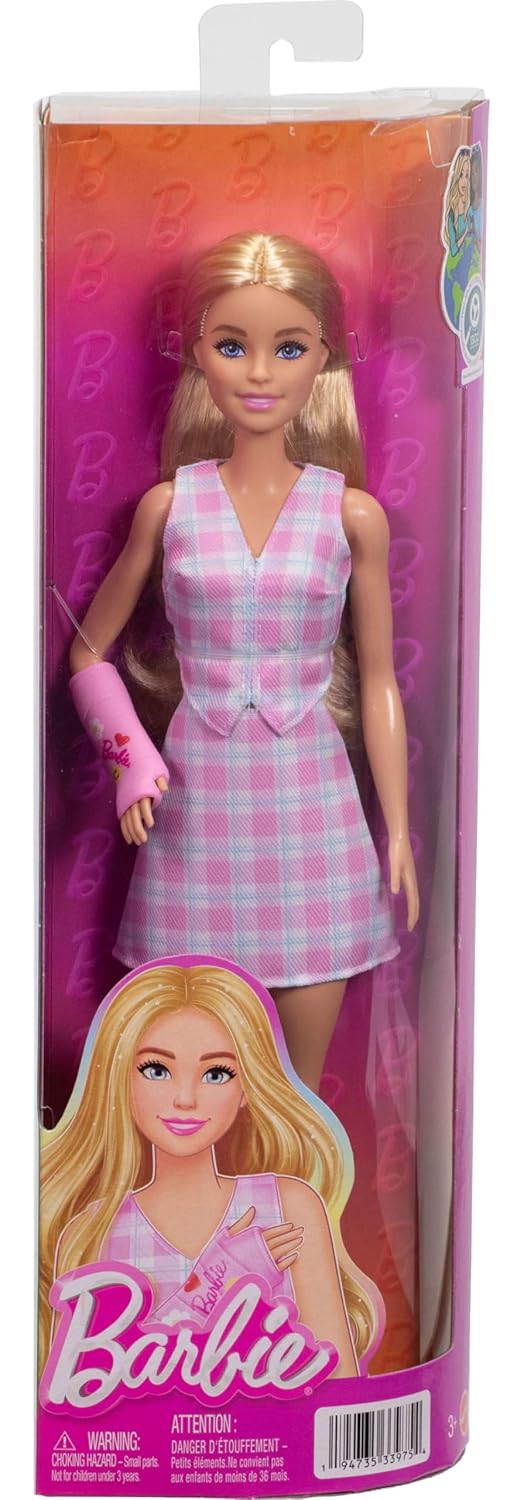 Barbie Fashionistas Doll #243 with Blonde Hair and Pink Arm Cast Accessory, Wearing Plaid Top and Skirt with Pink Loafers