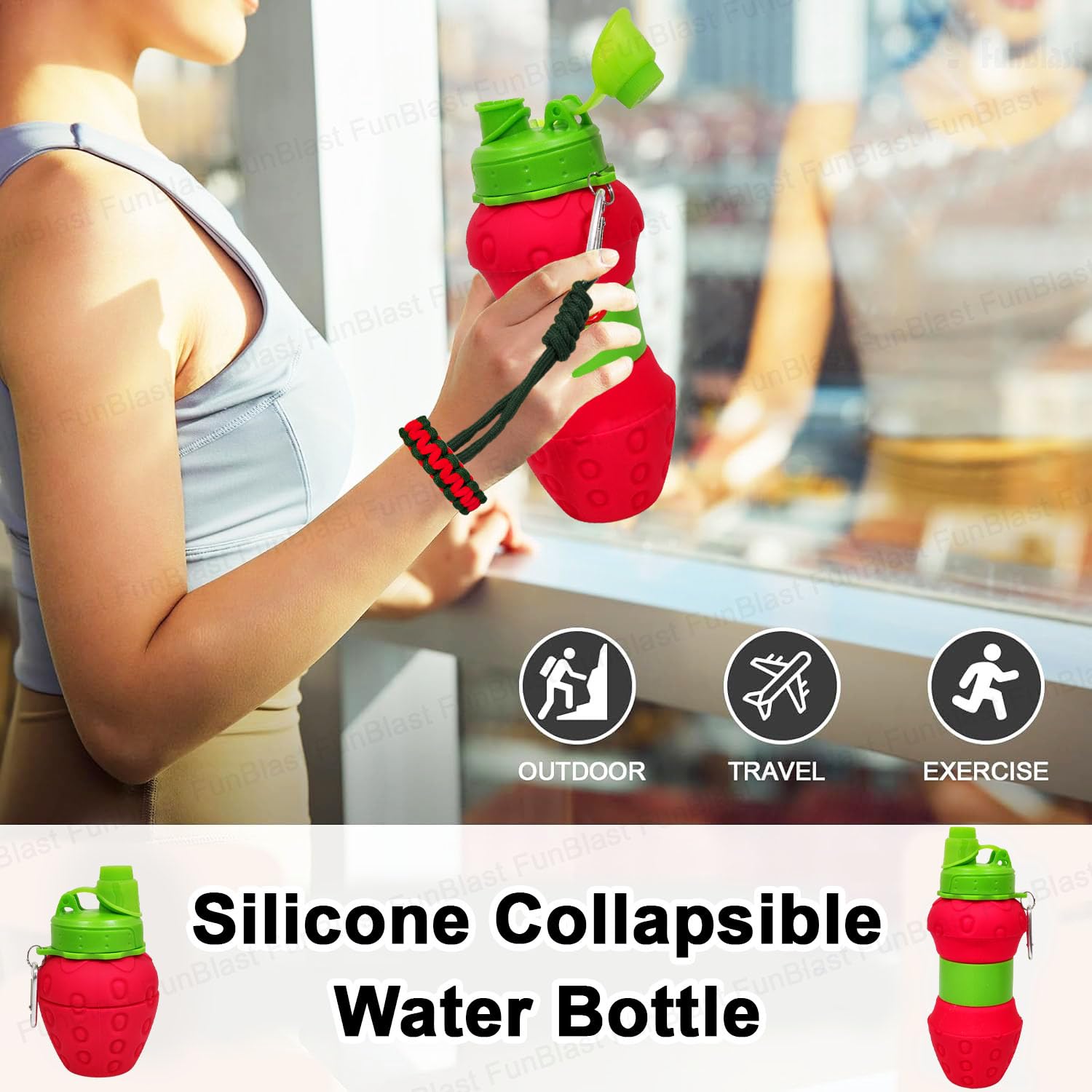 Strawberry Expandable Water Bottle for Home, Office, Gym, Trekking, BPA-Free Food-Grade Collapsible Leak-Proof Portable Travel Water Bottle