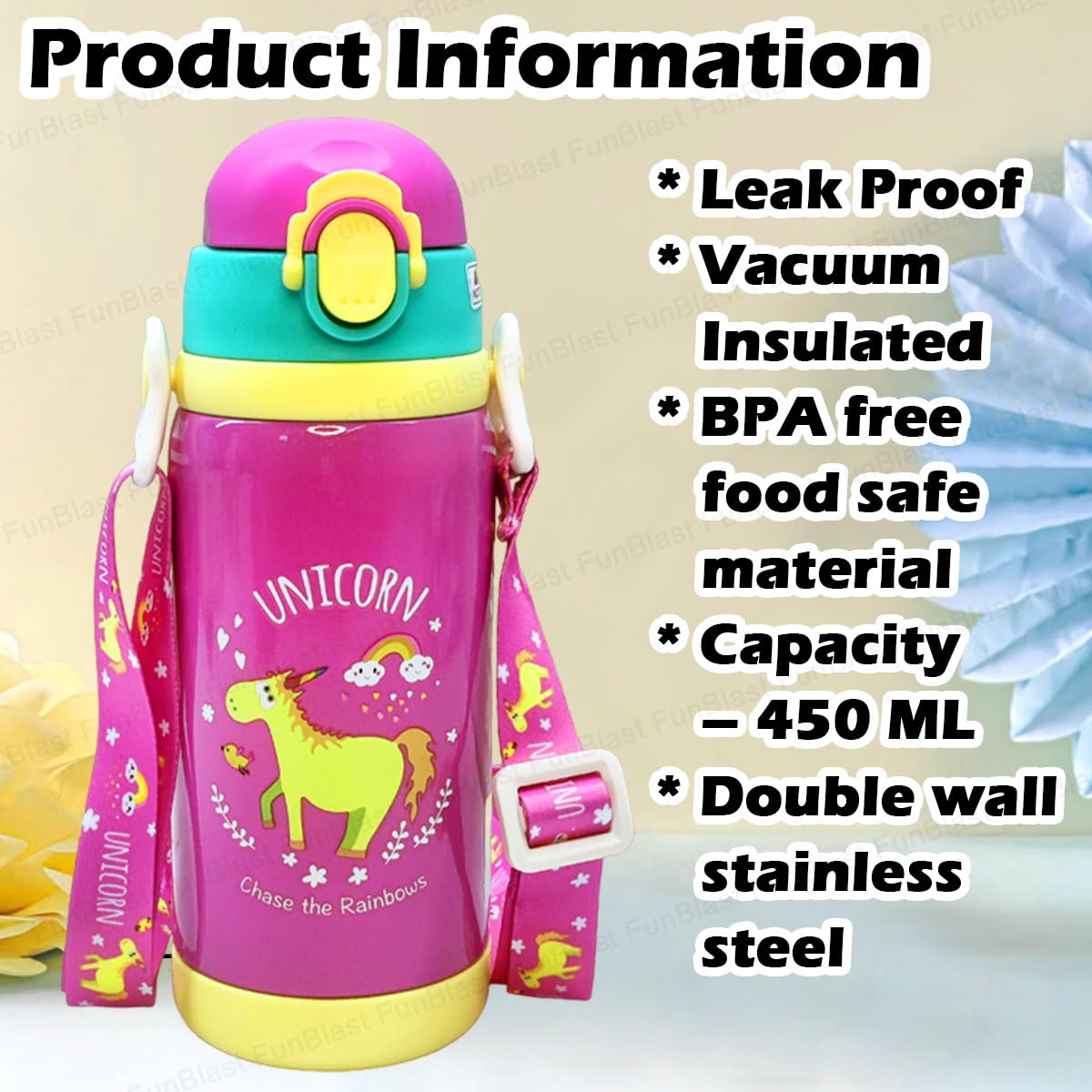 Unicorn Theme Hot & Cold Water Bottle for Kids – Double Walled Thermos Flask Vacuum Insulated Stainless Steel Bottle – Dual Cap Bottle with Straw & Wide Mouth Cap (450 ML)
