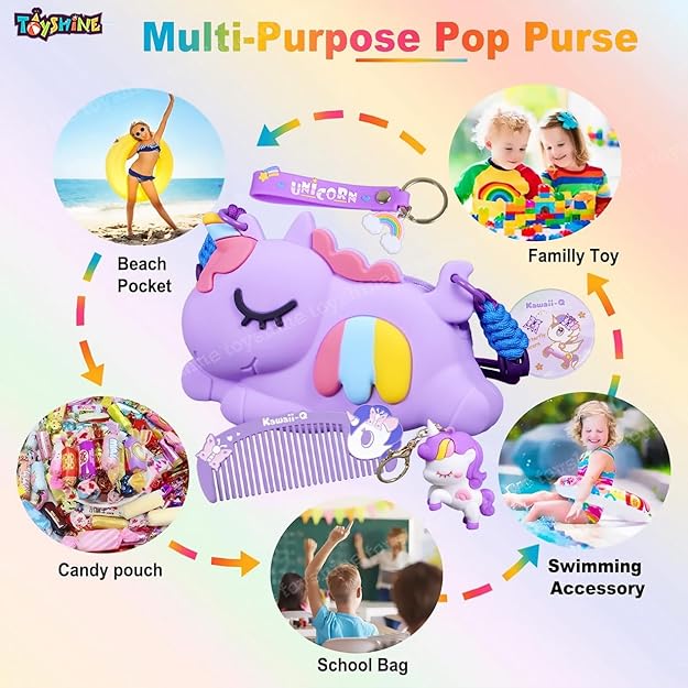 Unicorn Shape Silicone Purse for Girls Stylish Cross Body Bag with Adjustable Strap with Compact Mirror, Comb and Keychain Included