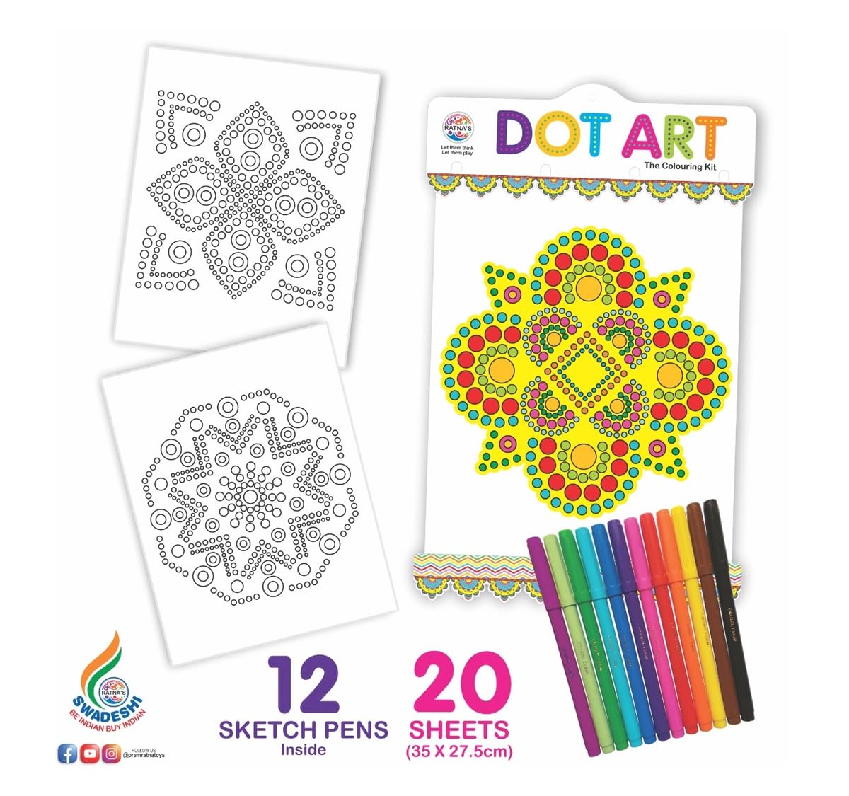 Ratna's Dot Art Colouring Kit with 12 Sketch Pens for Kids