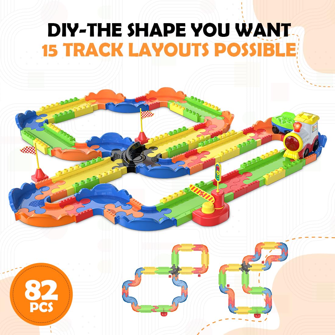 Mirana Interlocking Colorful Track, Rechargeable Engine Block Rider Toy Train Set with Sound And Light For Kids - 82 Pcs - Color May Vary