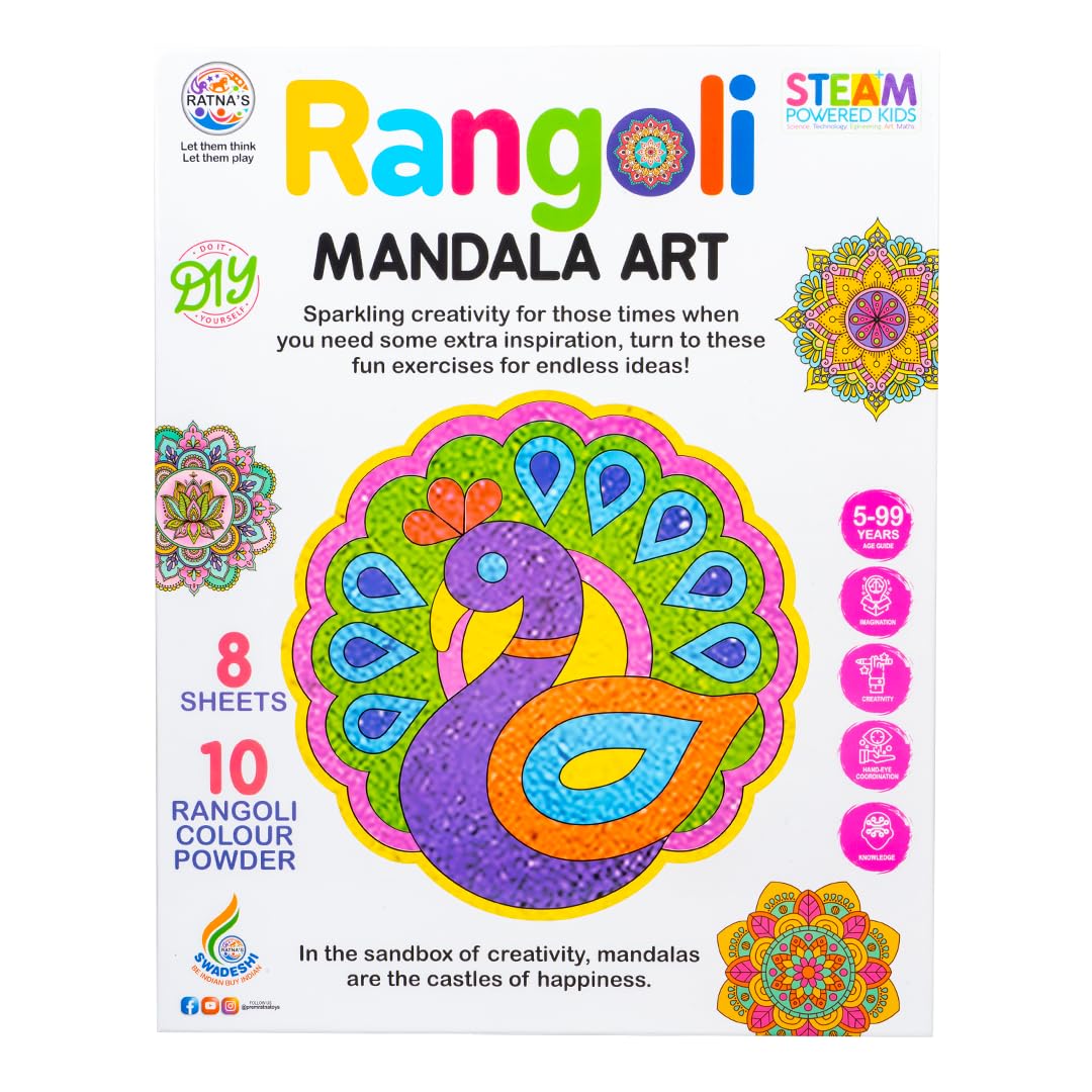 Ratna's Rangoli Mandala Art - 8 Sticky Sheets with 10 Rangoli Color Powder - DIY Creative Activity Kit for Kids & Adults