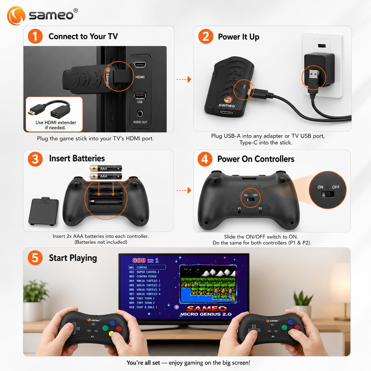 Sameo Micro Genius 2.0 8-Bit HDMI Gaming Console | 800 Built-in HD Games | Plug & Play TV Game Stick | 2 Wireless Controllers | HDMI Compatible | BIS Certified - Assorted