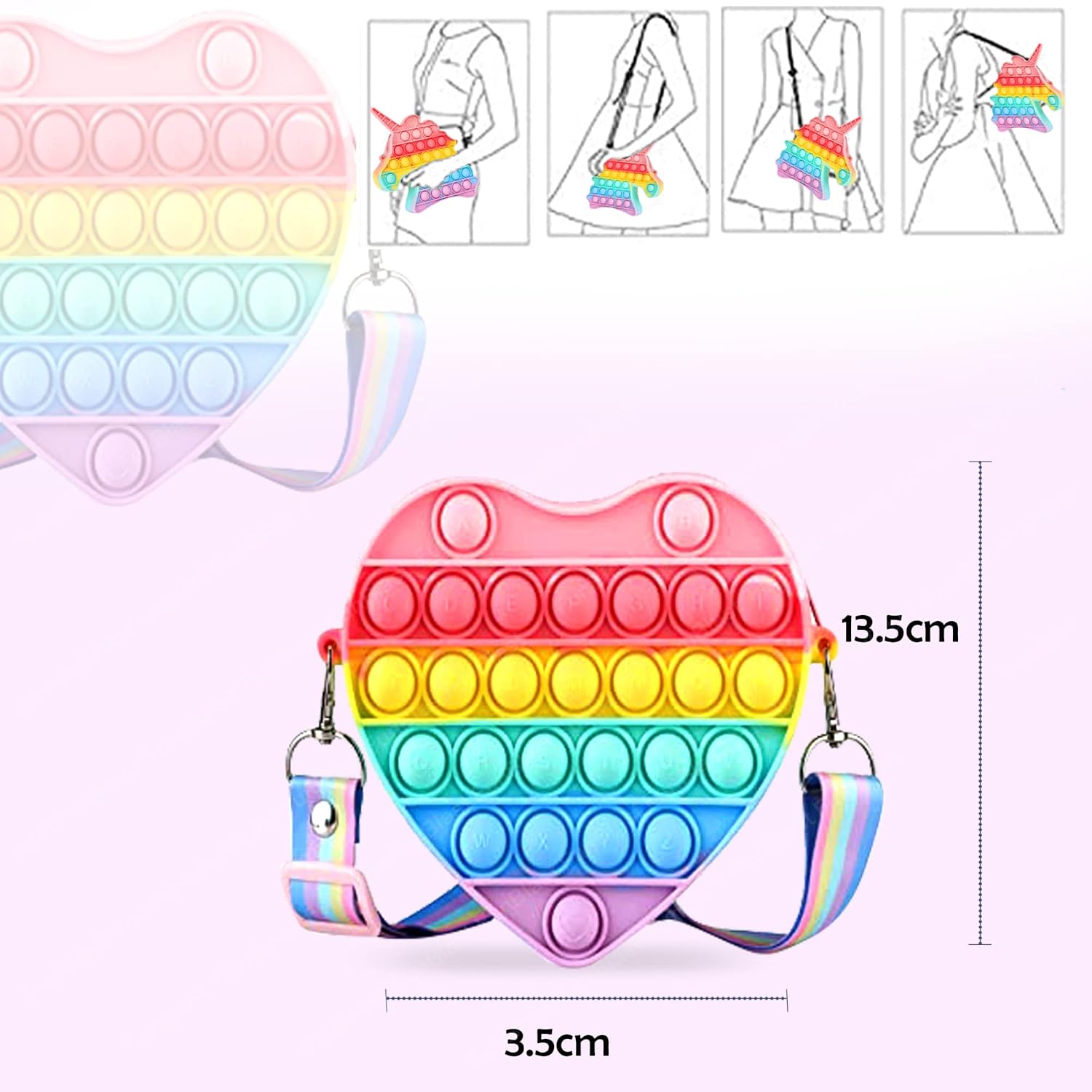 Pop It Sling Bag – Heart Shape Pop It Cross Body Bag for Kids, Pop It Purse for Girls, Birthday Gift for Girls, Toys for Girls, Pop It Game, Pouch for Girls (Set 1, Multicolor)