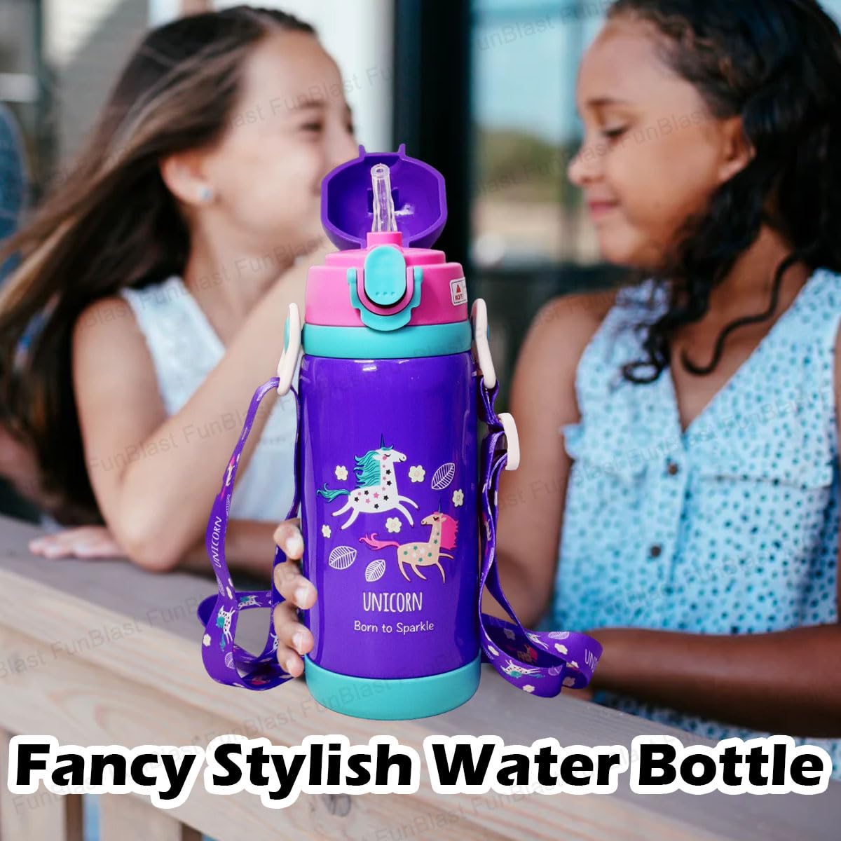 Unicorn Theme Hot & Cold Water Bottle for Kids – Double Walled Thermos Flask Vacuum Insulated Stainless Steel Bottle – Dual Cap Bottle with Straw & Wide Mouth Cap (450 ML)