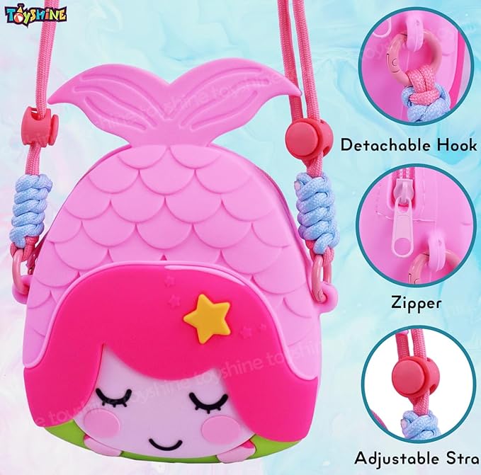 Mermaid Shape Silicone Purse for Girls Stylish Cross Body Bag with Adjustable Strap with Compact Mirror, Comb and Keychain Included - Pink