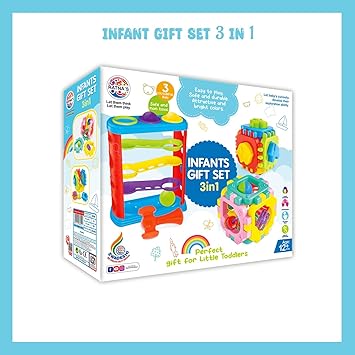 Ratna's 3 in 1 Infants Gift Set Containing Hammer Ball, Cubic Rattle & Nursery Cube Montessori Toys For Kids - Multicolor