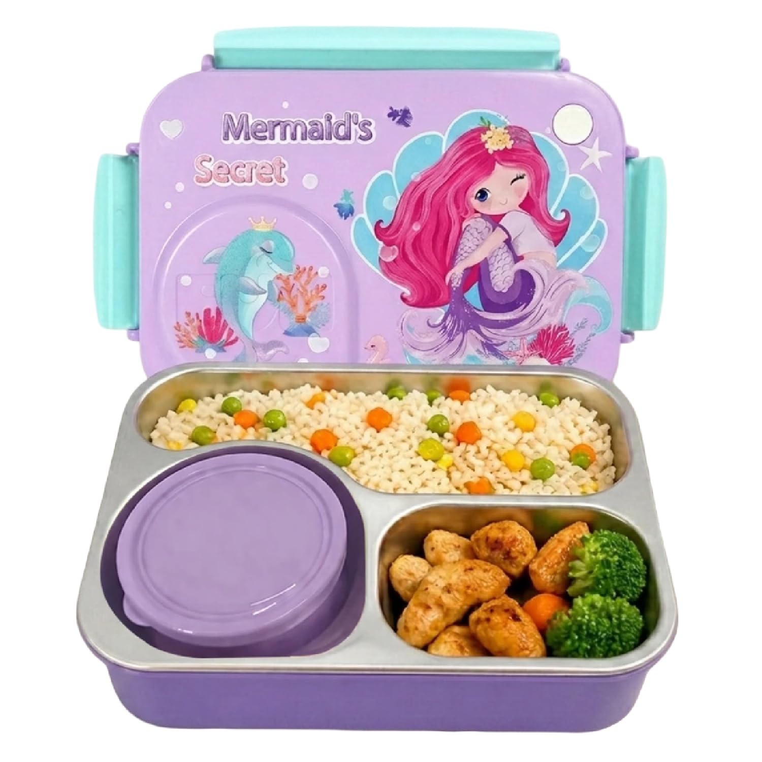 Stainless Steel Kids Lunch Box 750ml + 150ml | 3 Compartment Leakproof Bento Tiffin Box with Bowl + Spoon | Block Lid | School Lunch Box for Boys & Girls | Assorted