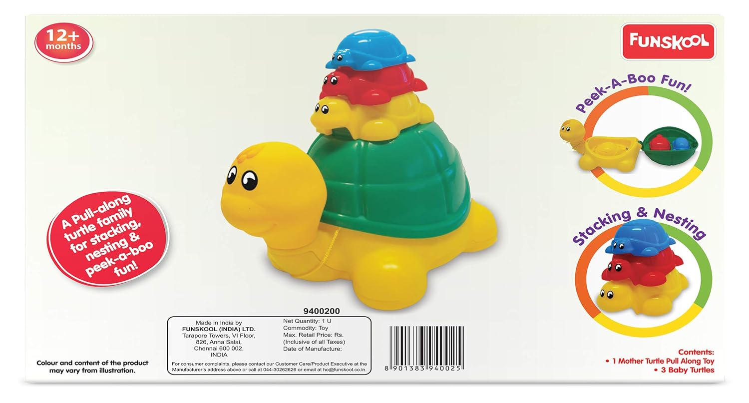 Funskool Giggles - Ride N Hide Turtle, Pull Along Toy, Encourages Walking, Funny Walking Style, 12 Months & Above, Infant and Preschool Toys, Multicolor