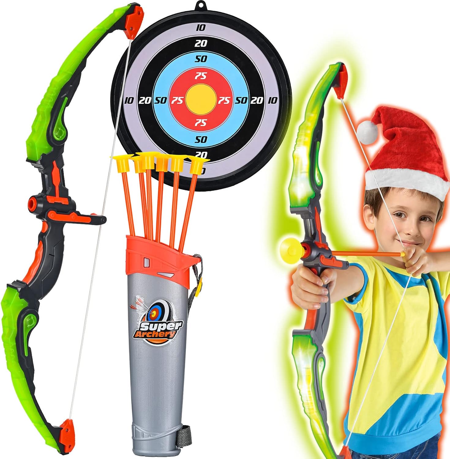Archery Play Set with Luminous Bow, Toy Set with LED Light, Target and Quiver, Indoor & Outdoor Toy for Kids