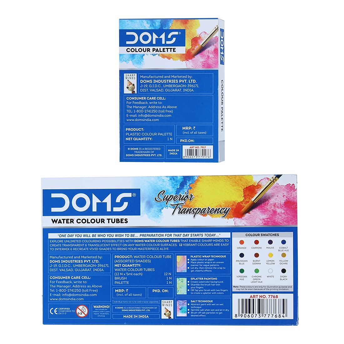 Doms Non-Toxic Water Color Tube Set in Cardboard Box (12 Assorted Shades, 1 Paint Brush & 1 Palette) | Pack of 4 Pcs