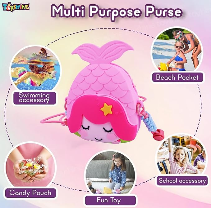 Mermaid Shape Silicone Purse for Girls Stylish Cross Body Bag with Adjustable Strap with Compact Mirror, Comb and Keychain Included - Pink