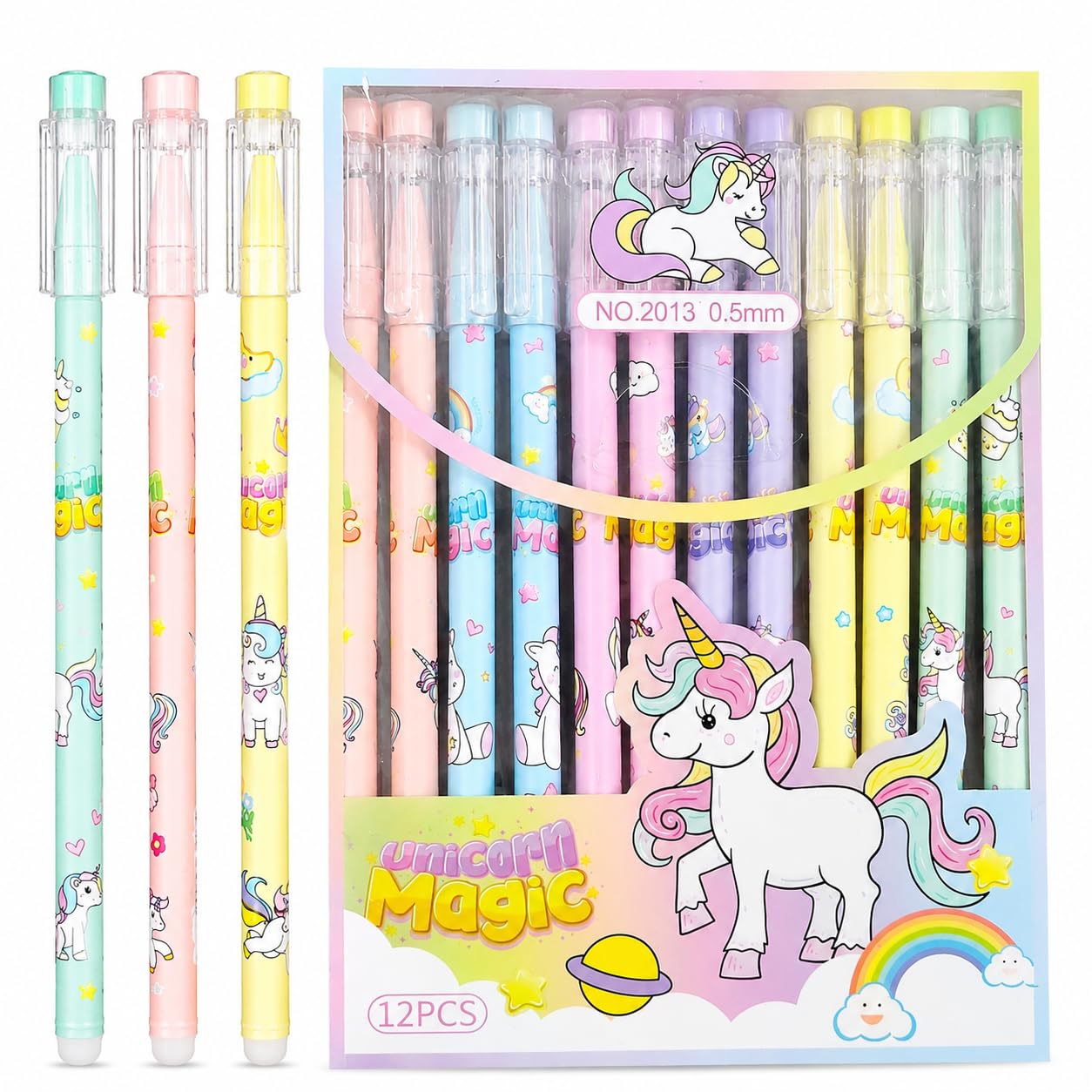 Unicorn Magic Erasable Gel Pen Set – 0.5mm Fine Point, Cute Pastel Colors Friction Erase Pens for School, Office, Journaling, and Gifting [Pack of 12]
