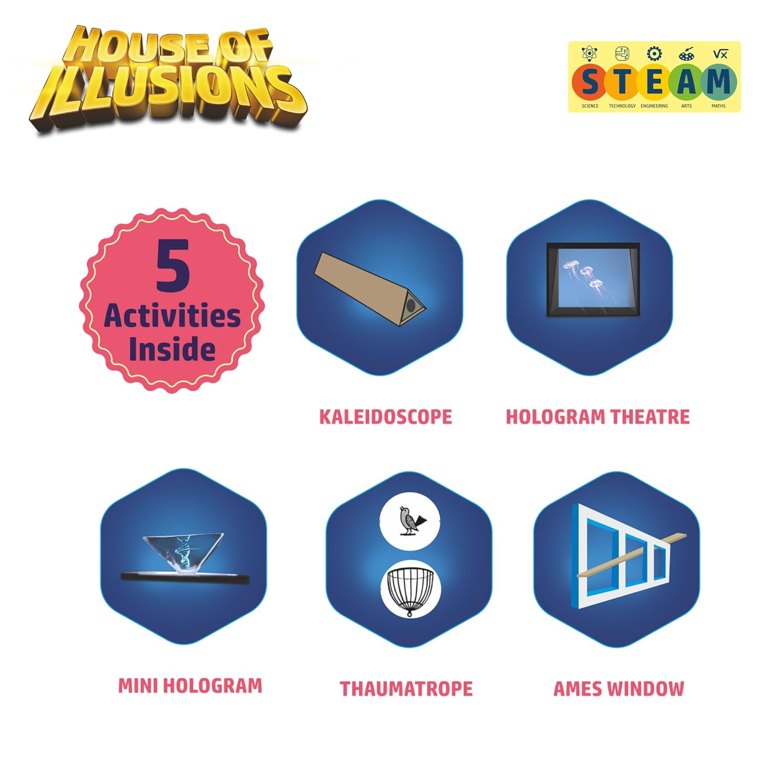 FLO House of Illusions 5-in-1 STEM Science Activity Toy Kit for Kids | DIY Kaleidoscope, Hologram Projector, Mini Hologram Theater, Thaumatrope Spinner, Ames Window | Learning Toy Set with Mirrors