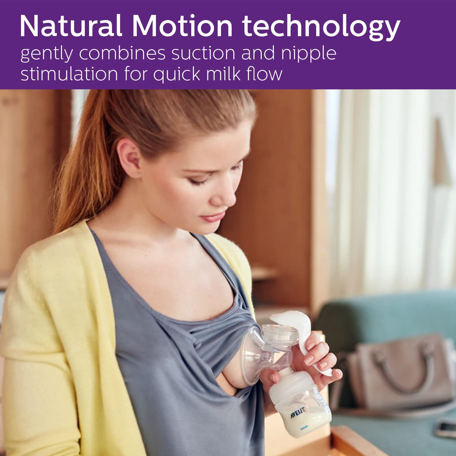 Philips Avent Comfort Manual Breast pump, Natural Motion technology, combines suction and nipple stimulation, soft cushion adapts to all size, SCF430/01