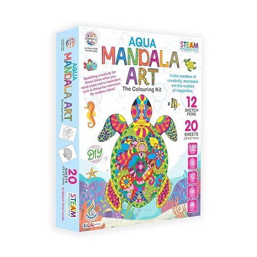RATNA'S Aqua Mandala Art Coloring Kit - 20 Sheets And 12 Sketch Pens for All Ages - Multicolor