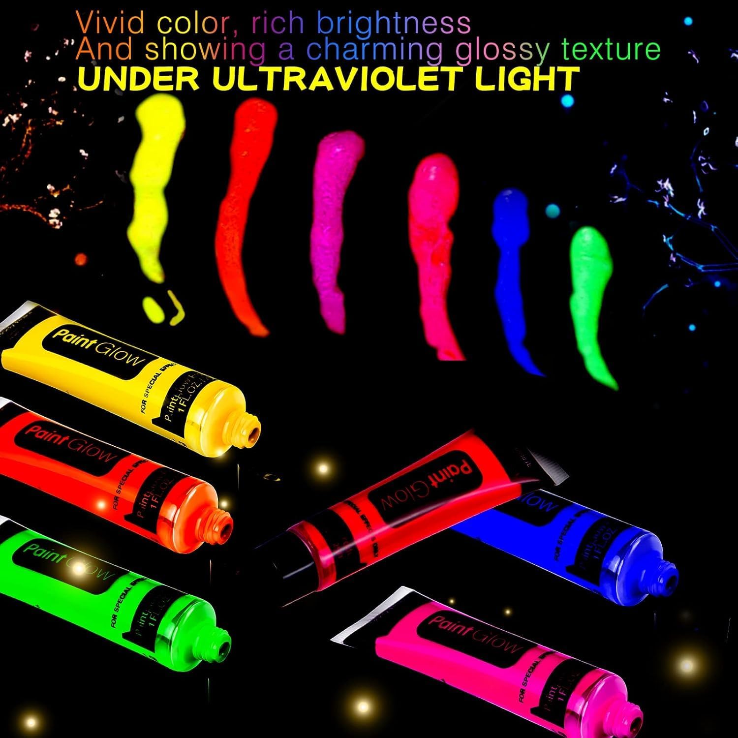 Glow in The Dark Paint Brightest Glow Under UV Fluorescent Neon Face Body Paint, Glow Neon Colors for Dark Party, Makeup, Festival, for Adults and Kids 25ml, Pack Of 3 Assorted