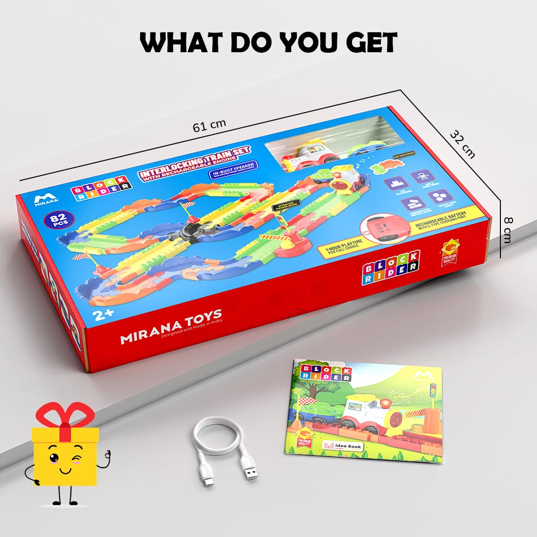 Mirana Interlocking Colorful Track, Rechargeable Engine Block Rider Toy Train Set with Sound And Light For Kids - 82 Pcs - Color May Vary