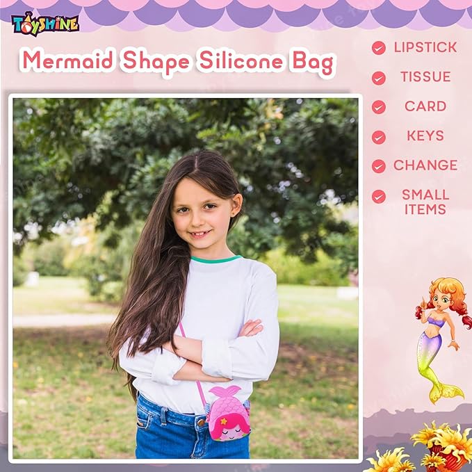 Mermaid Shape Silicone Purse for Girls Stylish Cross Body Bag with Adjustable Strap with Compact Mirror, Comb and Keychain Included - Pink