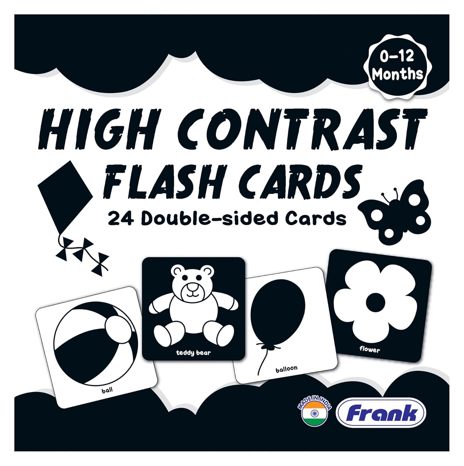 Frank High Contrast Baby Flash Cards | 24 Double Sided Black And White Infant Learning Cards | Visual Stimulation Toys For Newborns | Early Development Educational Toys | Non Toxic Gift For Tummy Time