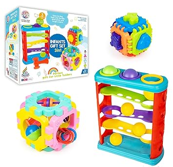 Ratna's 3 in 1 Infants Gift Set Containing Hammer Ball, Cubic Rattle & Nursery Cube Montessori Toys For Kids - Multicolor