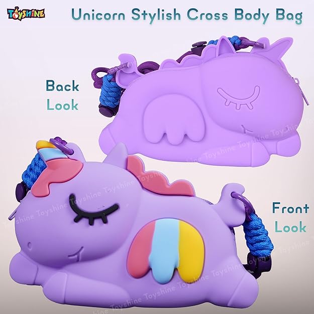 Unicorn Shape Silicone Purse for Girls Stylish Cross Body Bag with Adjustable Strap with Compact Mirror, Comb and Keychain Included