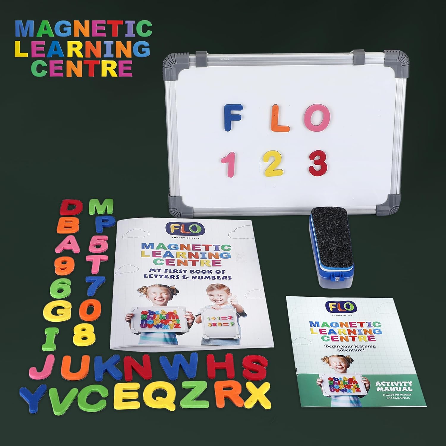 FLO Toys Magnetic Alphabets for Kids Learning and Number Brain Game Activity with Board, 3 in 1 Magnetic Letters & Numbers Educational Toy Kit, Preschool Toy for Age 3+