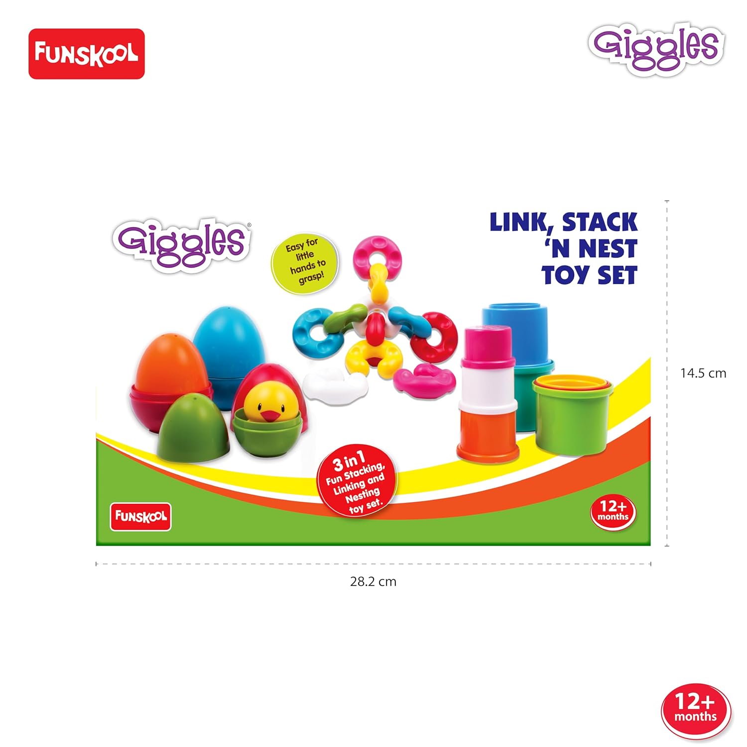 Giggles Funskool - Link Stack N Nest Toy Set, Blocks, Nesting Toy for Kids, Multicolour 3 in 1 Gift Set, Develops Motor Skills, 6 Months & Above, Infant and Preschool Toys