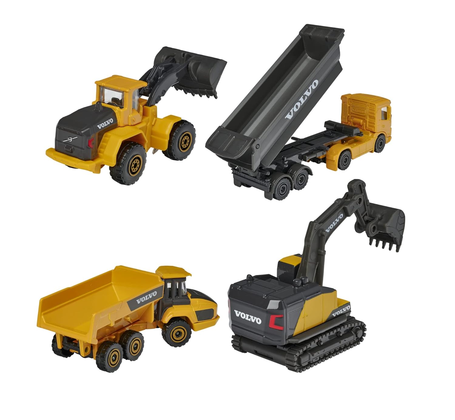 Majorette Volvo Construction Vehicle Toy Set – Excavator, Wheel Loader, Dump Truck, Articulated Hauler