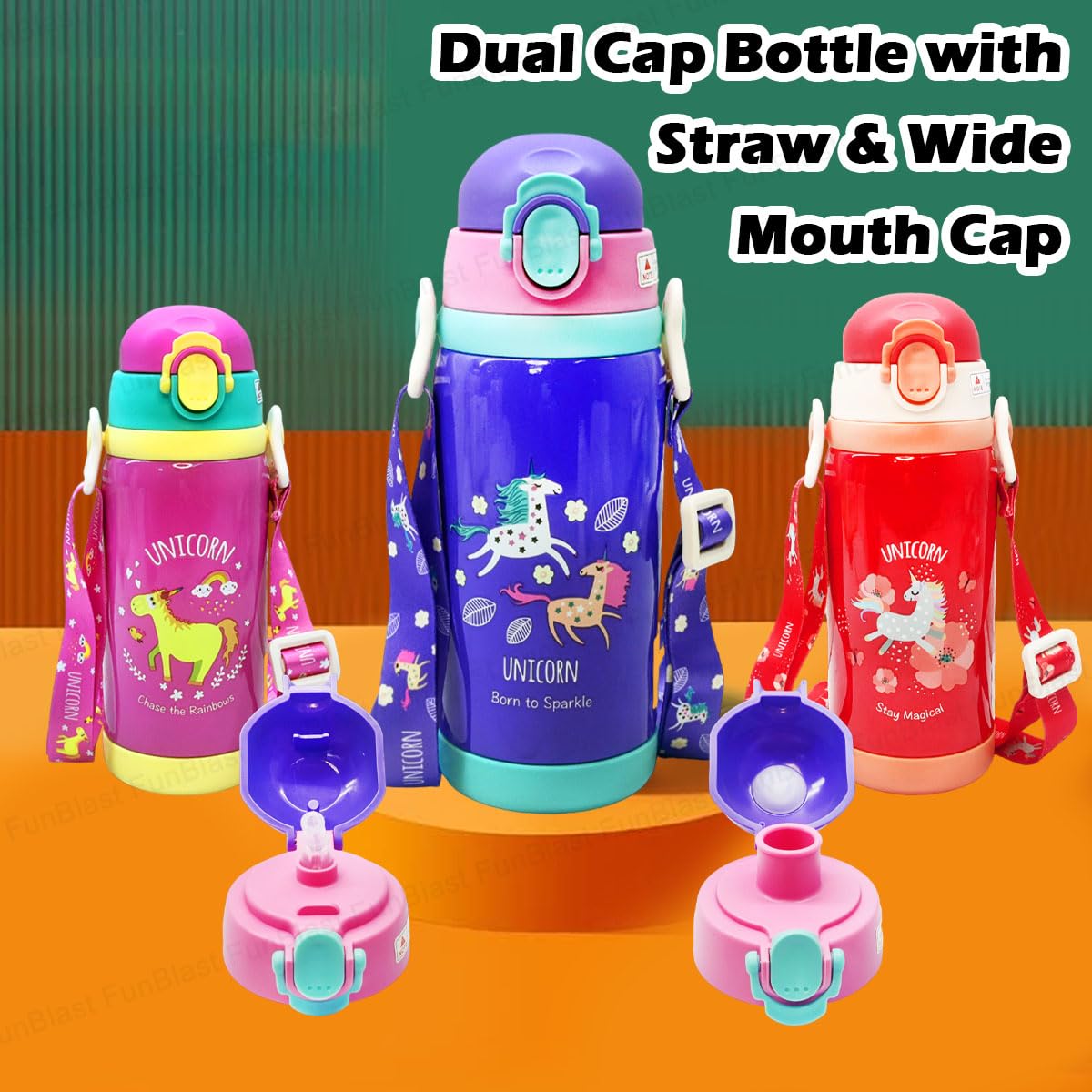Unicorn Theme Hot & Cold Water Bottle for Kids – Double Walled Thermos Flask Vacuum Insulated Stainless Steel Bottle – Dual Cap Bottle with Straw & Wide Mouth Cap (450 ML)