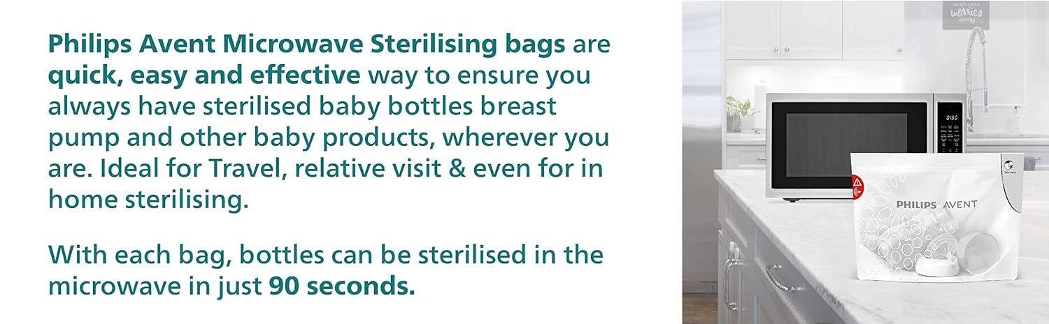 Philips Avent Microwave Sterilizing Bag SCF297/05: Kills 99.9% Germs, Sterilizes Bottles, Breast Pump, and Baby Products in 90 Sec, Pack of 5 Bags (White) ( Cordlife )