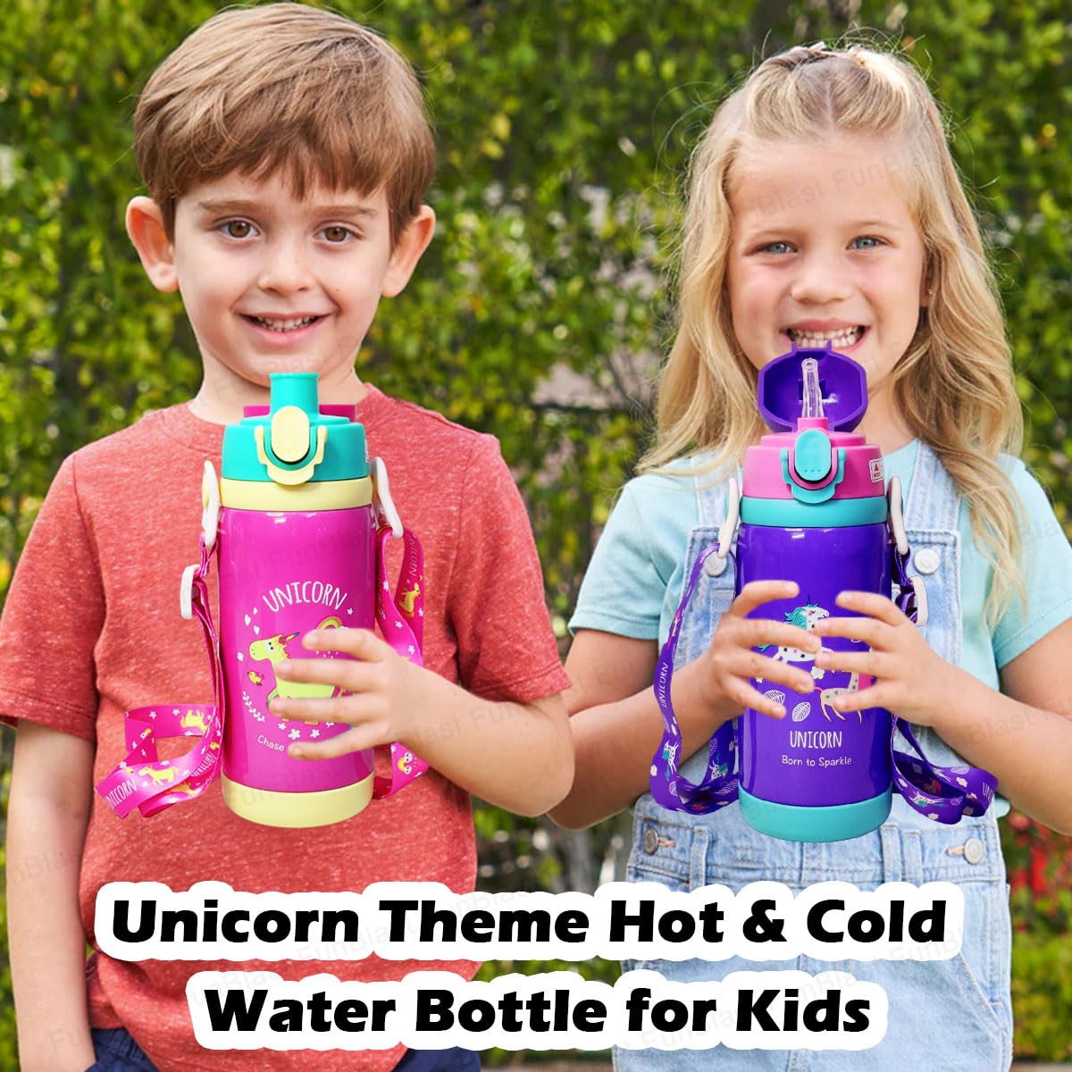 Unicorn Theme Hot & Cold Water Bottle for Kids – Double Walled Thermos Flask Vacuum Insulated Stainless Steel Bottle – Dual Cap Bottle with Straw & Wide Mouth Cap (450 ML)