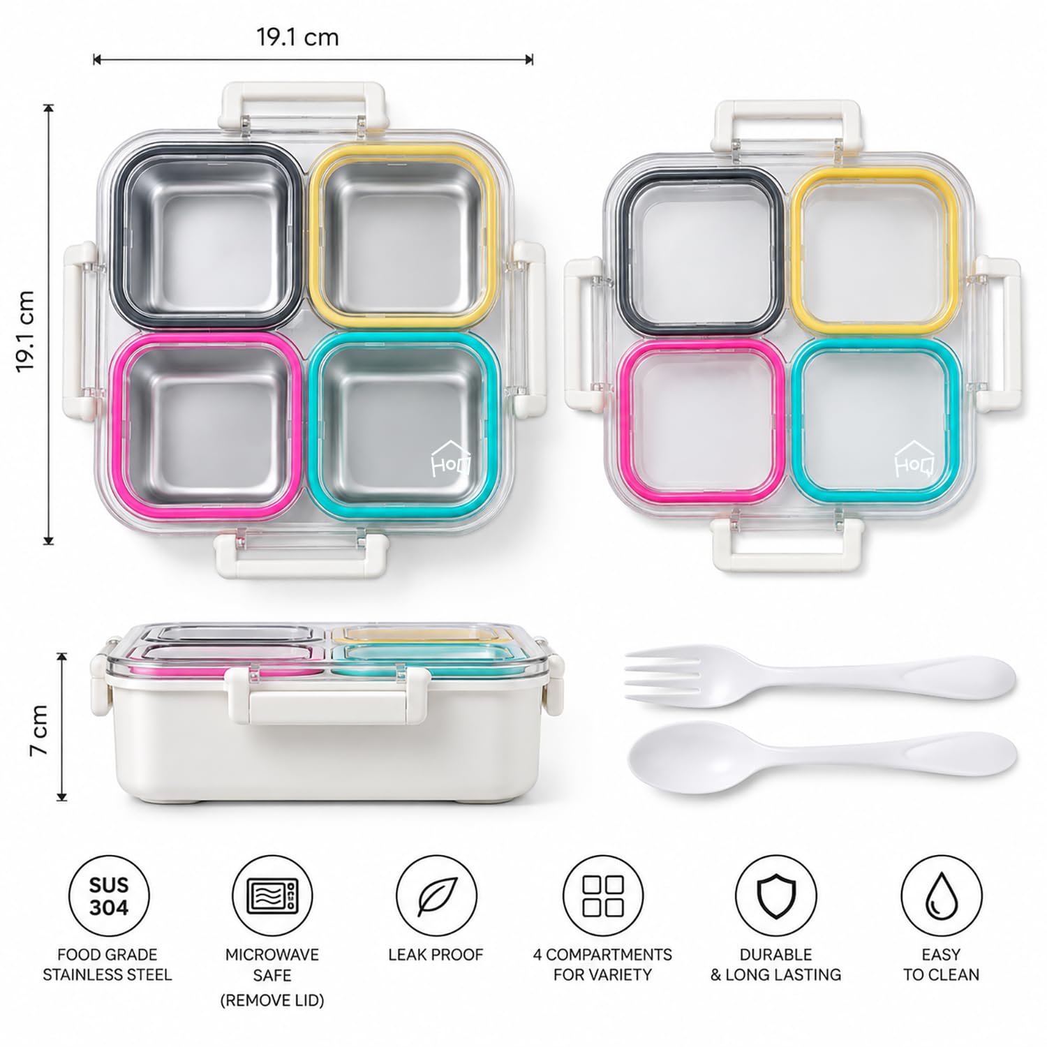 Stainless Steel Lunch Box 4 Grid - White
