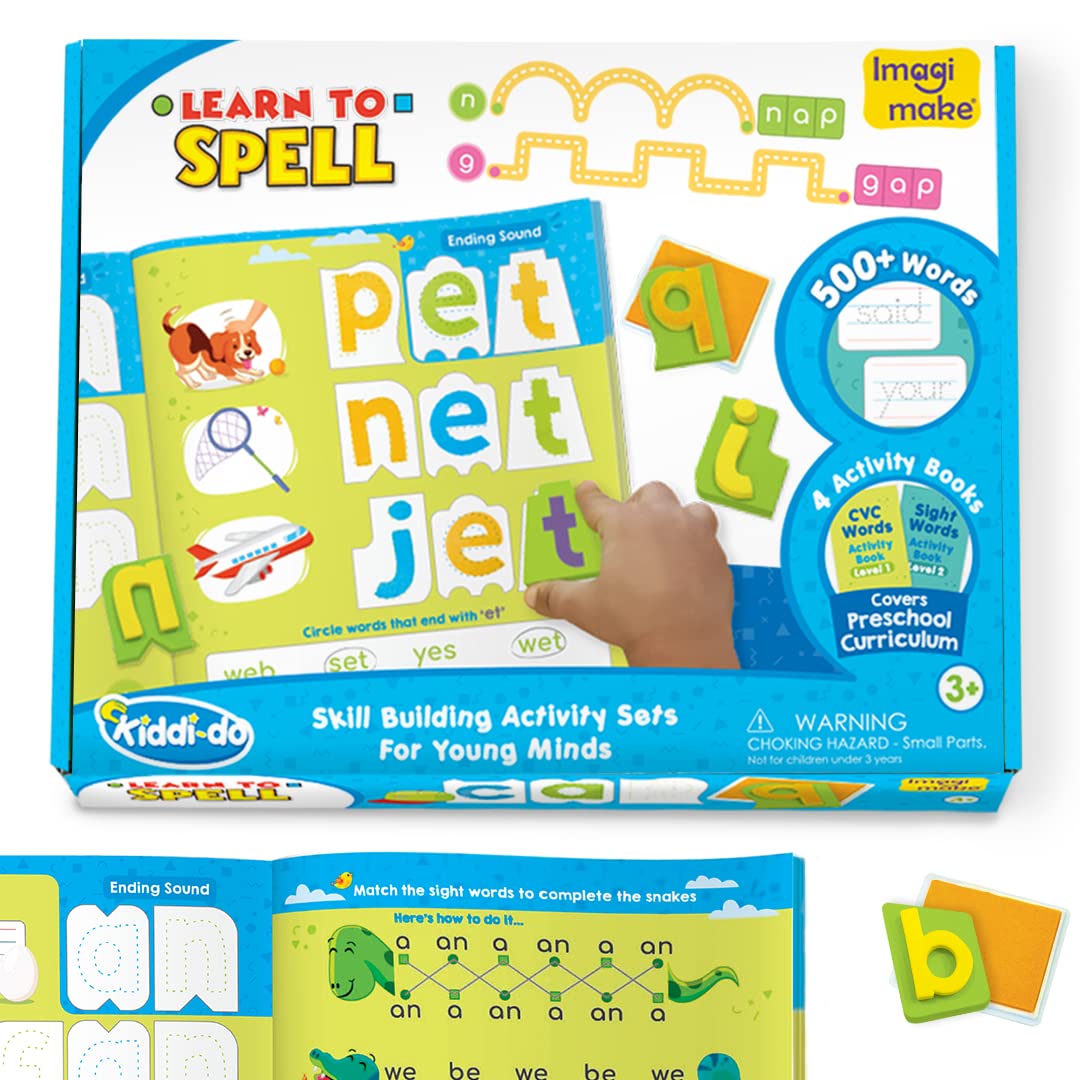 Imagimake Learn To Spell - Preschool Learning Activities - Includes Sight Words, CVC Letters, Phonics Books For Beginners - Educational Toys for Kids