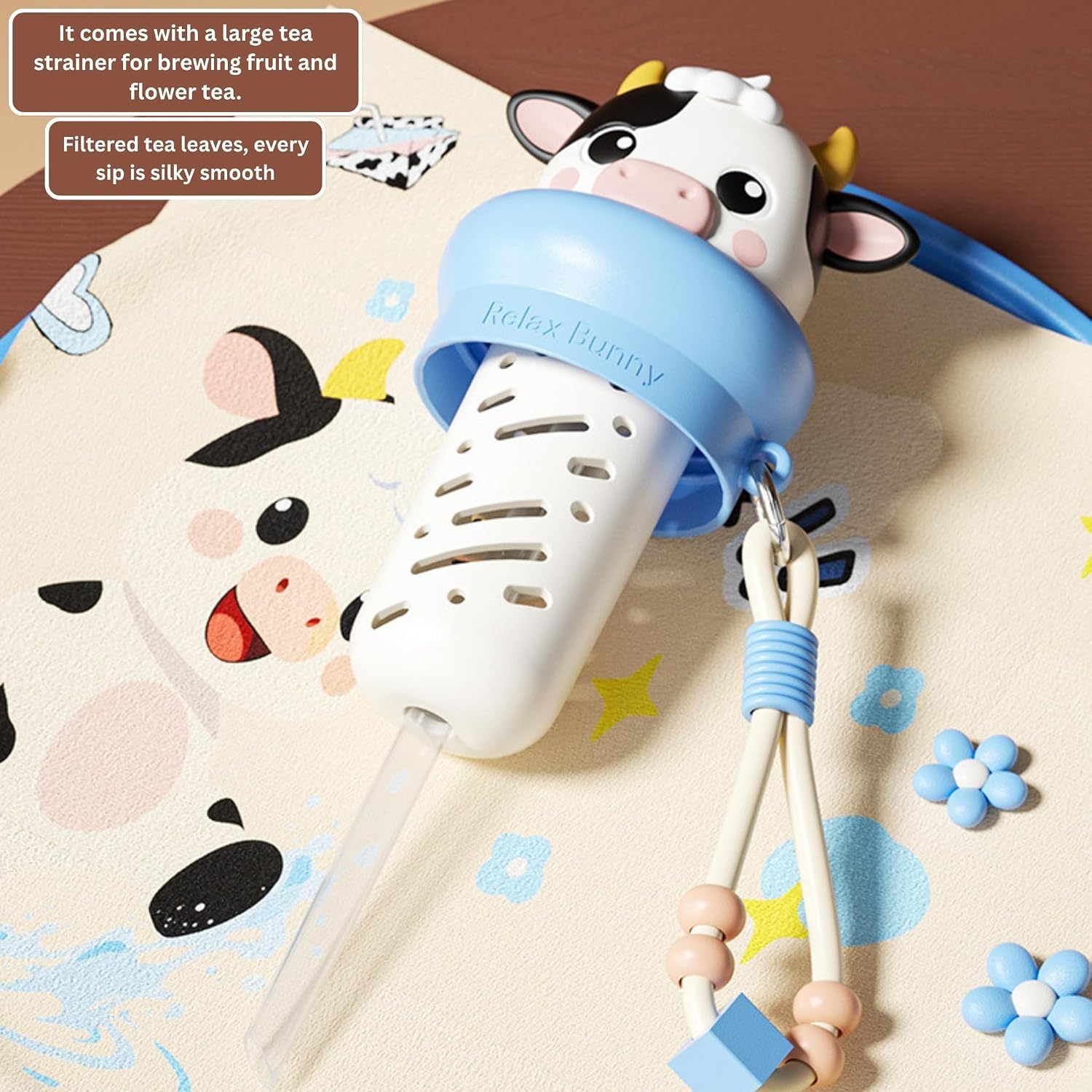 Cute Cartoon Character Stainless Steel Water Bottle with Straw, Infuser & Carrying Strap – Insulated Hot & Cold Drink Flask for Kids, School & Travel - 500ML