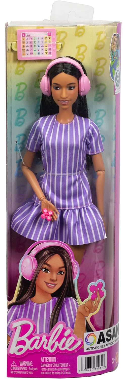 Barbie Fashionistas Doll #245, Autistic Doll Wearing Purple Striped Dress with Accessories Like Fidget Spinner, Tablet and Headphones