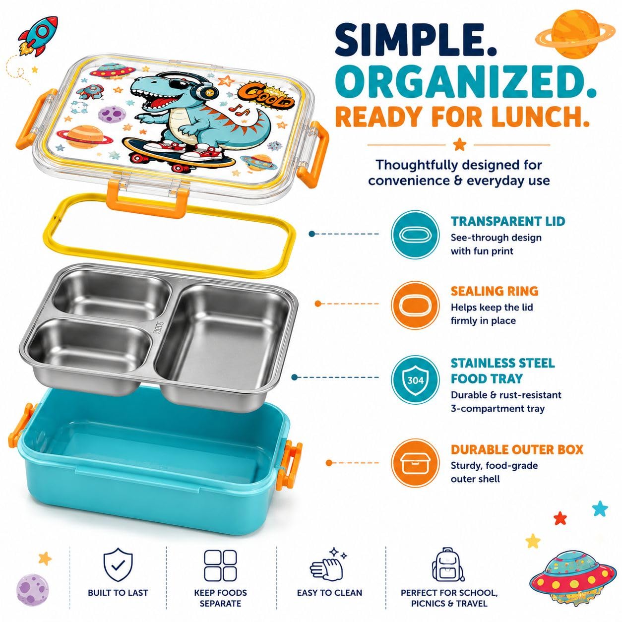 Kids Bento Lunch Box, 3 Compartment Stainless Steel Container, Leakproof Design, 750ml Capacity with Spoon | Assorted