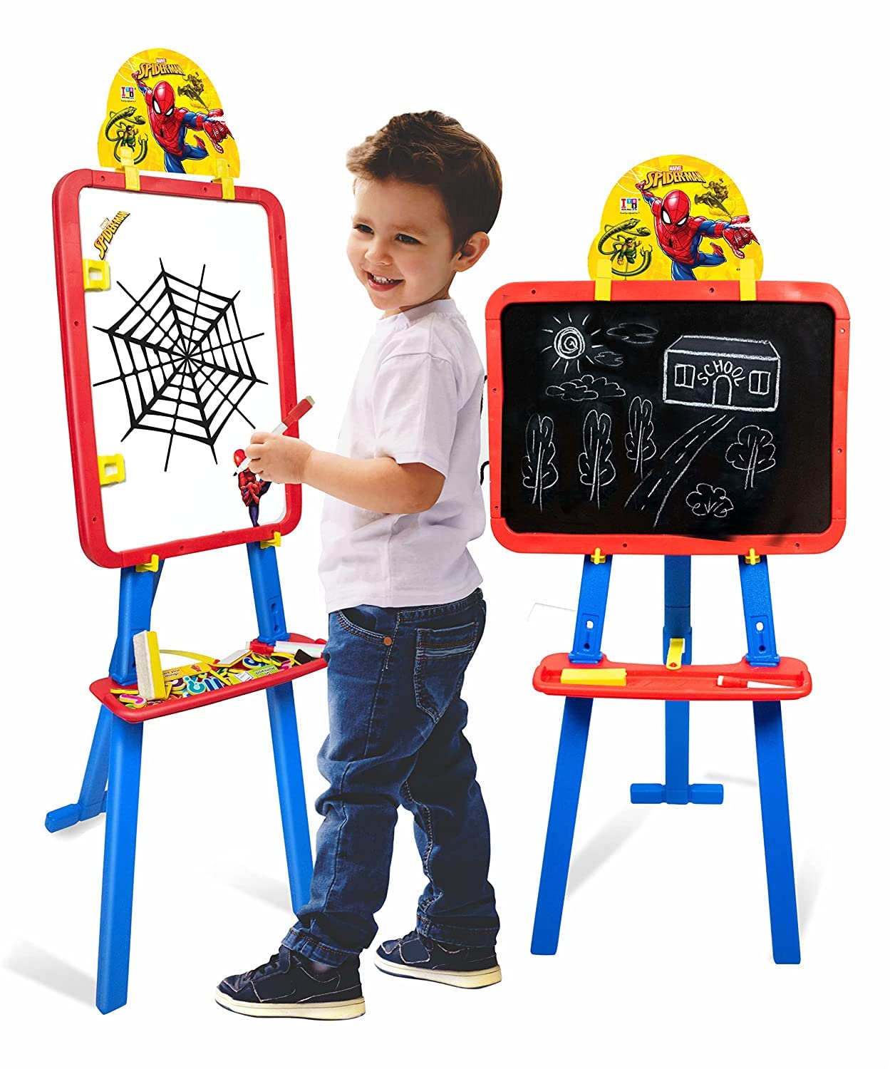 Itoys Spiderman Kids 5 in 1 Easel with Double-Sided Whiteboard & Chalkboard Standing Easel with Numbers and Other Accessories for Kids and Toddlers