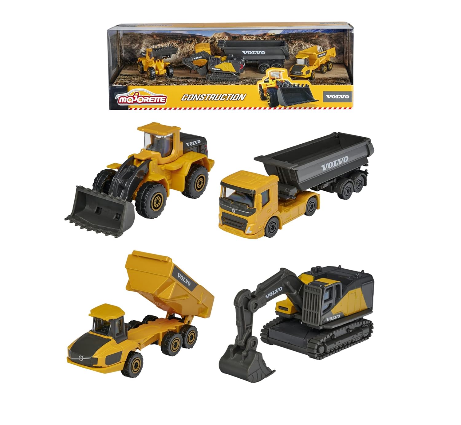 Majorette Volvo Construction Vehicle Toy Set – Excavator, Wheel Loader, Dump Truck, Articulated Hauler