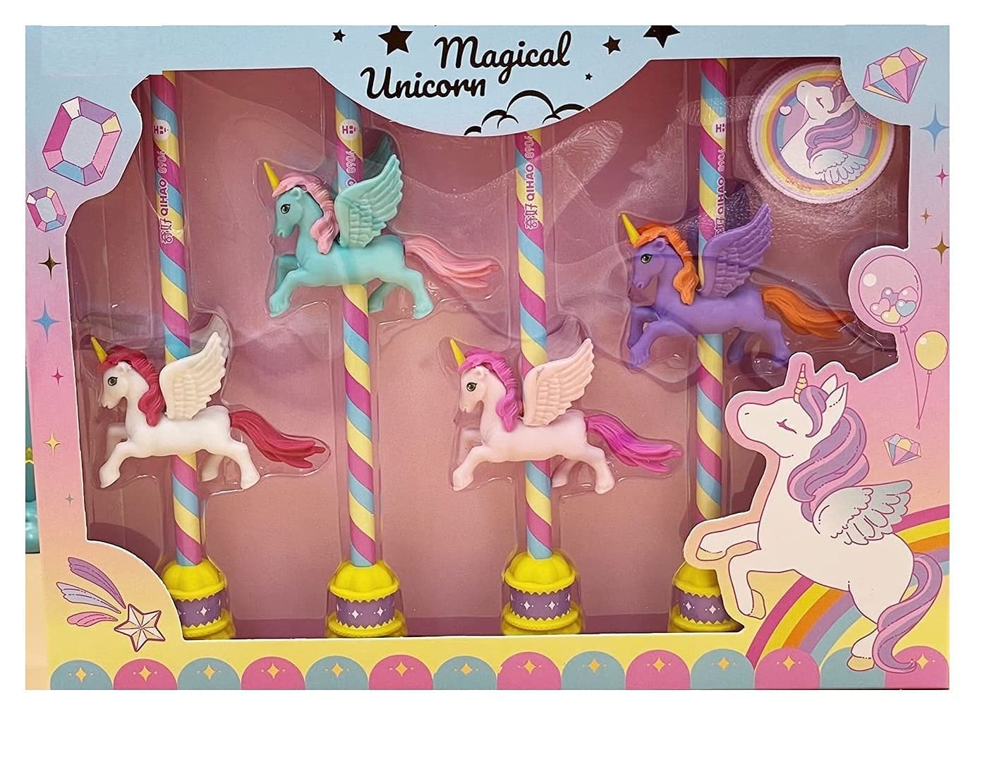 Stationery Set : Magical Unicorn Plastic Stationary Kit With Pencils, Erasers, Sharpener, Pencil Holder Topper Combo Set For Best Return Gift