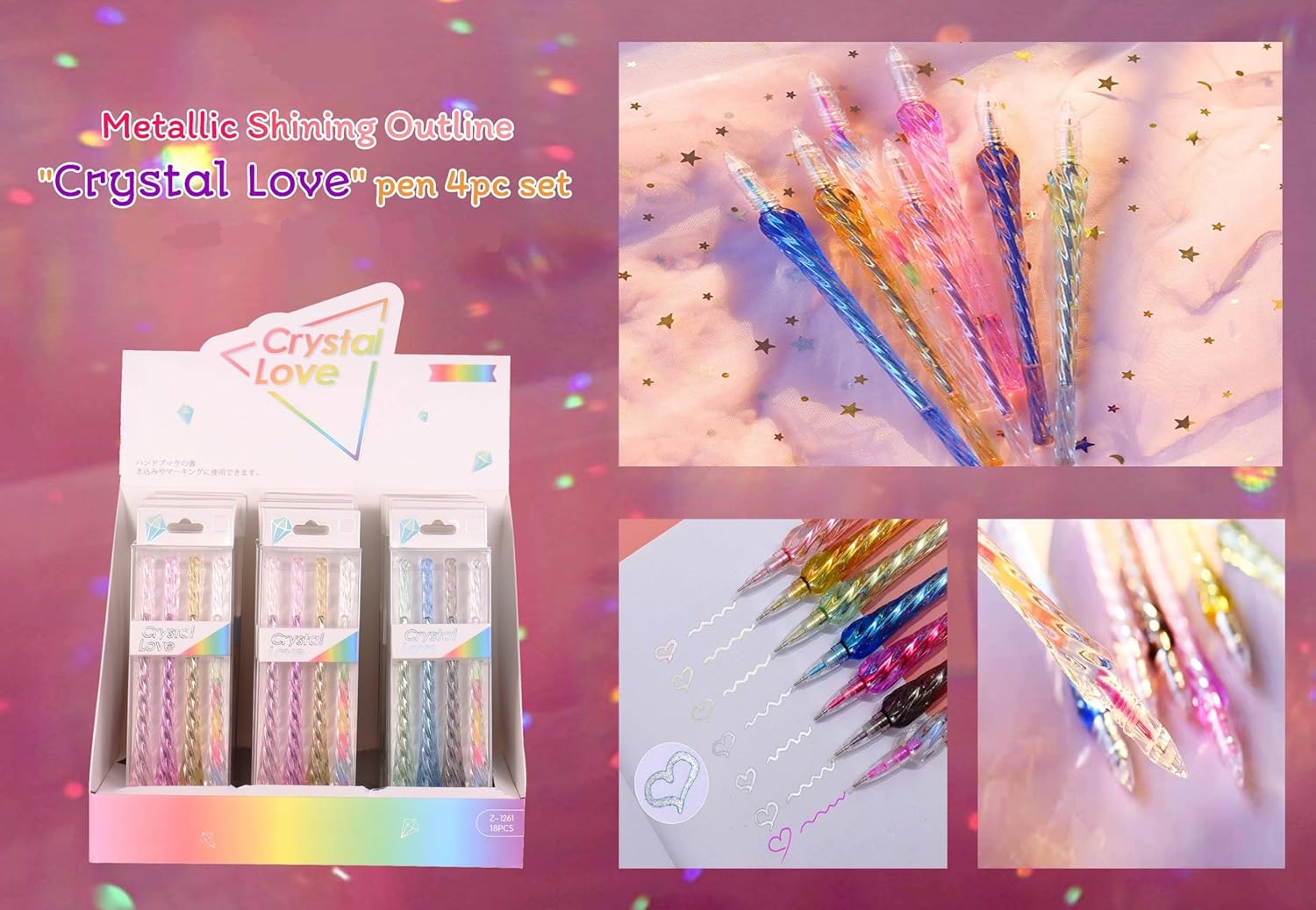 Stationery Set : Metallic Shining Outline Creative Pens & Crystal Love Fountain Pen Set for Art and Craft (4 Pcs) (Multicolor)