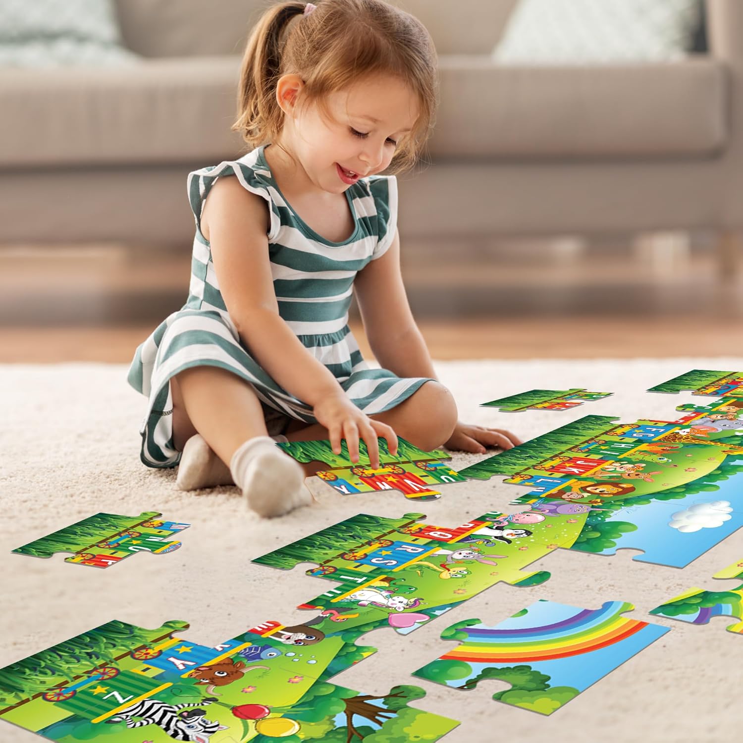 FLO Toys 6 Feet Alphabet Floor Puzzle for Kids | 24 Jumbo Pieces | Train Theme ABC Learning Toy for Toddlers & Preschoolers | Educational Montessori Puzzle for Boys & Girls Ages 2-5