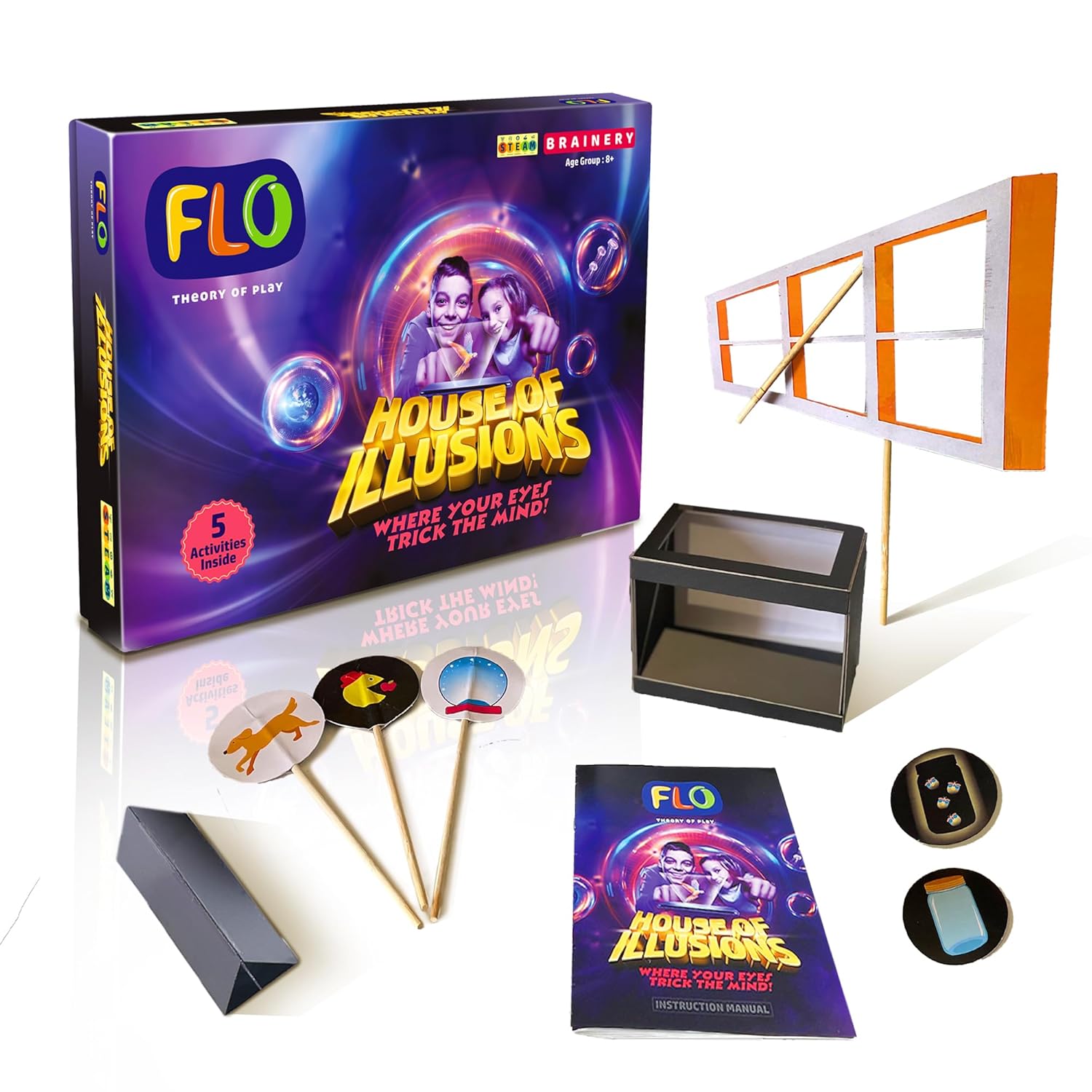 FLO House of Illusions 5-in-1 STEM Science Activity Toy Kit for Kids | DIY Kaleidoscope, Hologram Projector, Mini Hologram Theater, Thaumatrope Spinner, Ames Window | Learning Toy Set with Mirrors