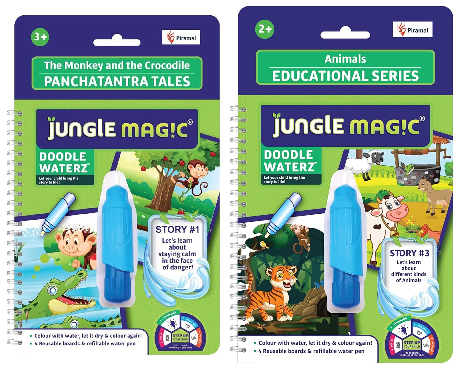 Jungle Magic Doodle Waterz - Reusable I Water Colouring Book - Panchtantra Story I Monkey & Crocodile I Self-Drying with Easy to Hold Water Pen I Educational Toy for Kids&Jungle Magic Doodle