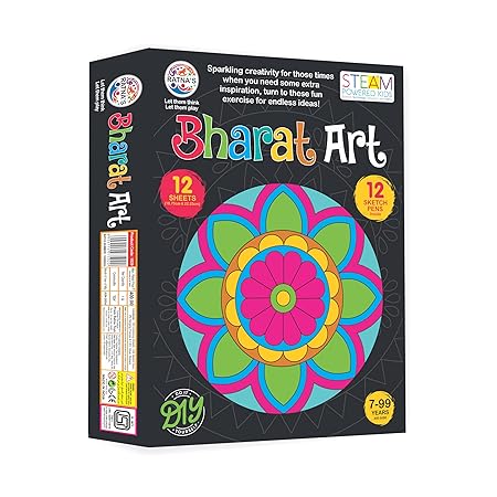 Ratna's Bharat Art Coloring Kit - 12 Sheets (18.75 x 22.25 cm) with 12 Sketch Pens, 2 Hanging Frames & 130+ Silver Stickers - Multicolor