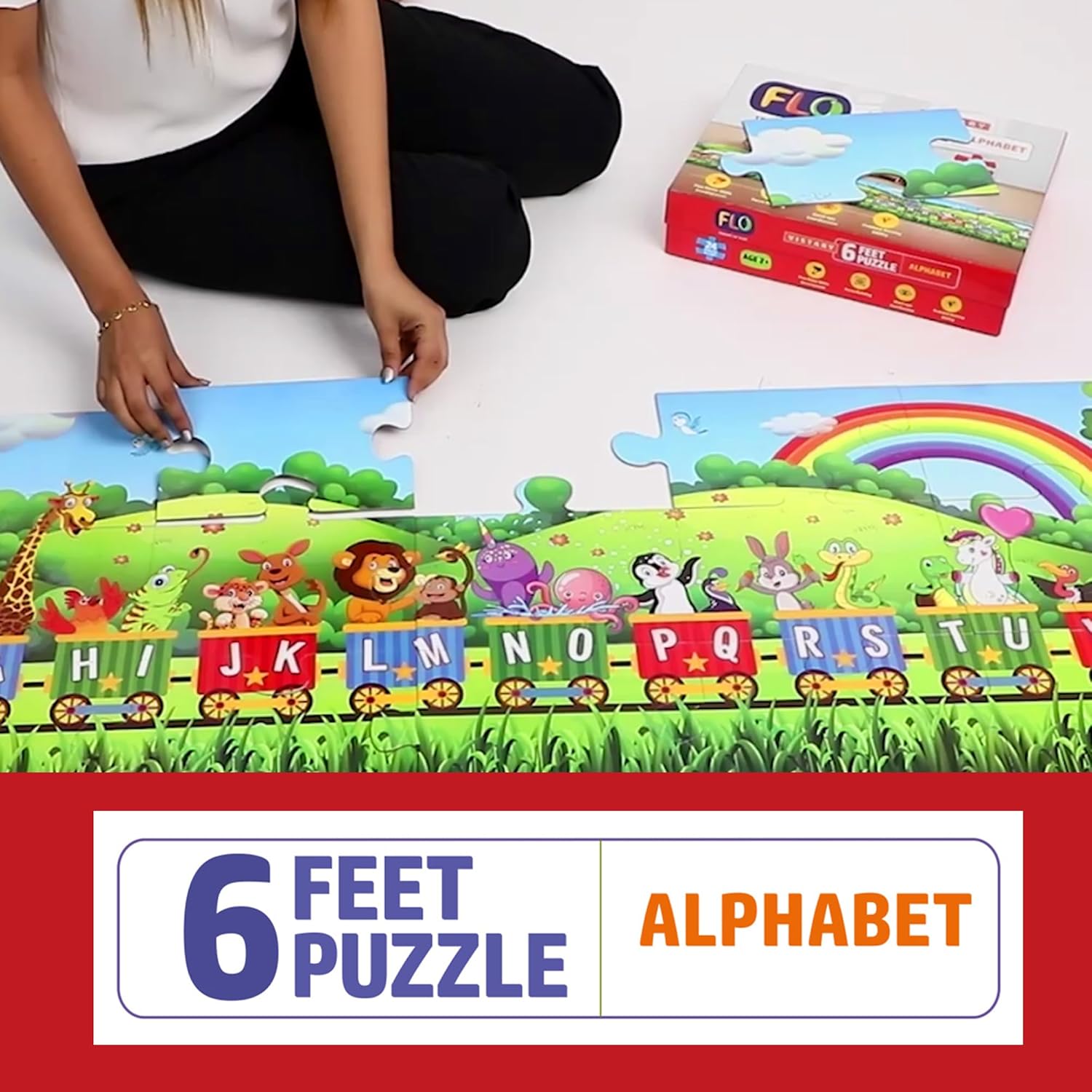FLO Toys 6 Feet Alphabet Floor Puzzle for Kids | 24 Jumbo Pieces | Train Theme ABC Learning Toy for Toddlers & Preschoolers | Educational Montessori Puzzle for Boys & Girls Ages 2-5