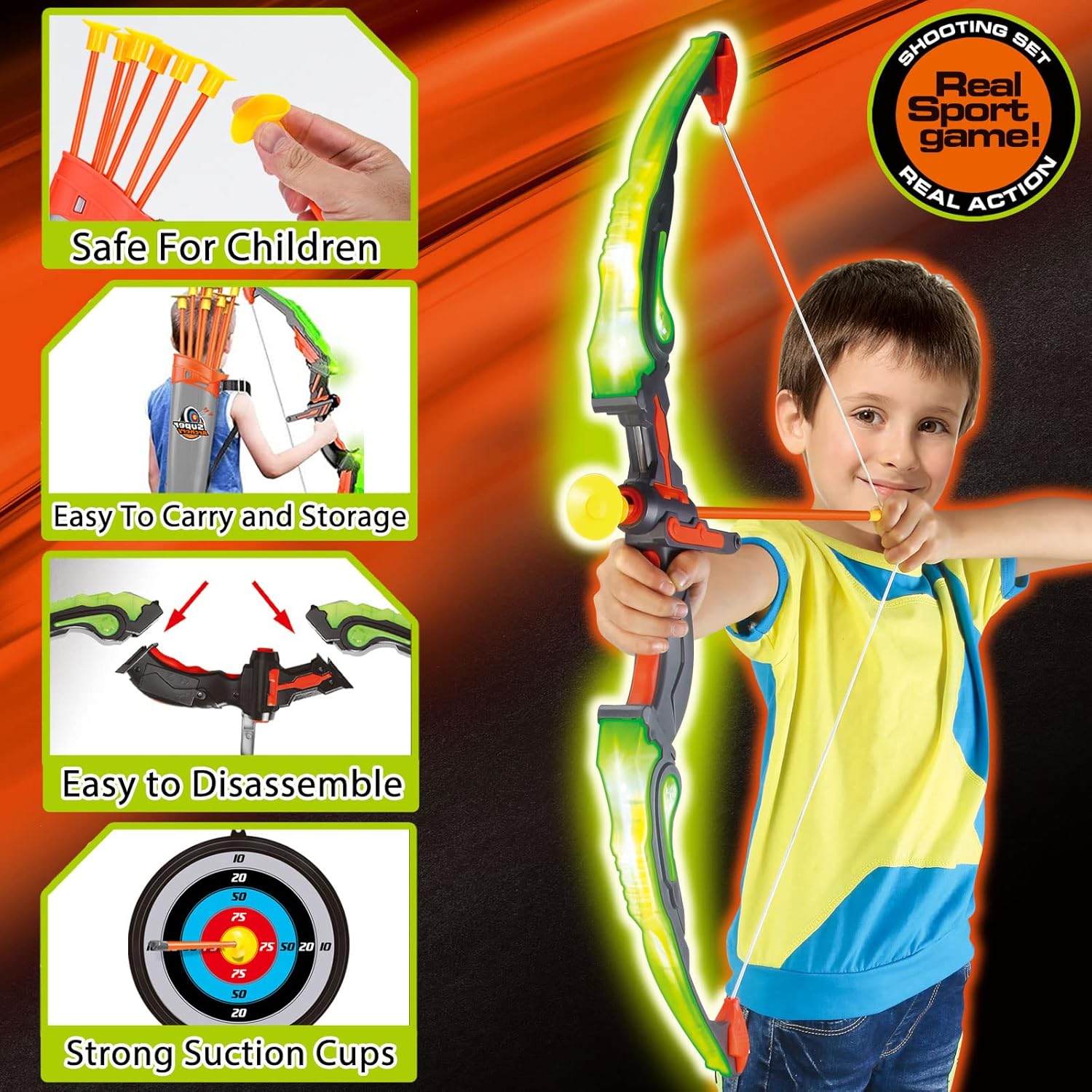 Archery Play Set with Luminous Bow, Toy Set with LED Light, Target and Quiver, Indoor & Outdoor Toy for Kids